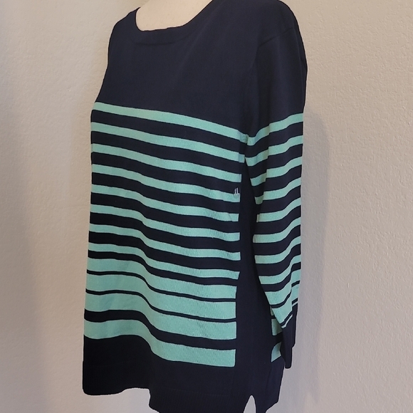 Laura Scott Sweaters - Elegant Striped Long Sleeve Top in Navy and Mint